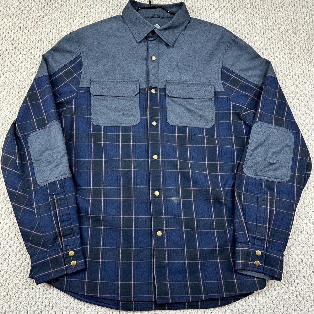 Club Ride Flannel Mens XL Navy Plaid Jersey Long Sleeve Shirt Jacket Elbow Patch